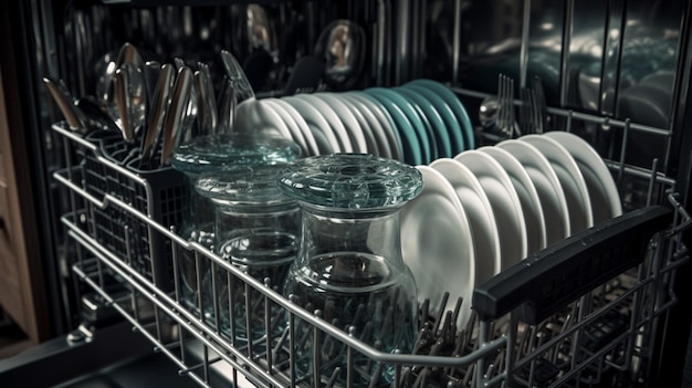 Photo a dishwasher full of clean dishes