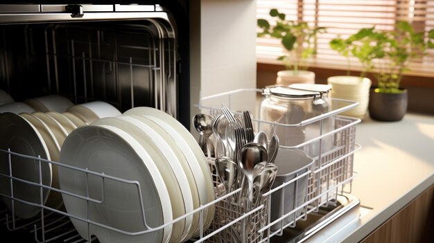 写真 食器洗い機でキッチンで清潔な皿を洗う