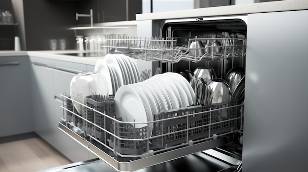 Dishwasher in kitchen with clean dishes