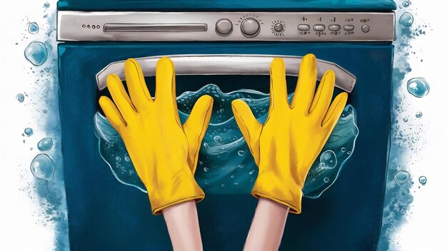 Photo dishwasher wearing yellow gloves on a blue