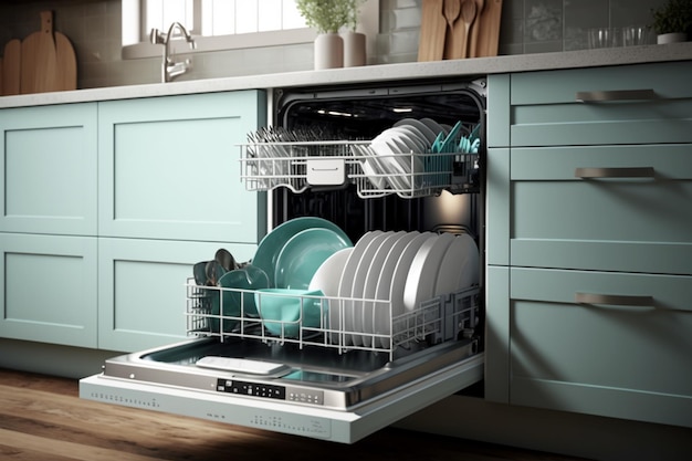 A dishwasher with a dishwasher open and the door open.