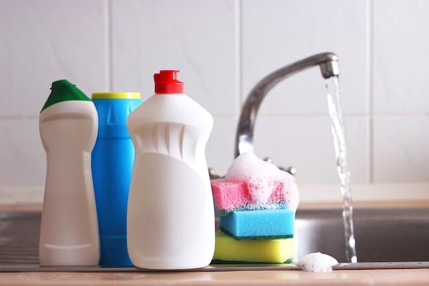 Dishwashing detergent closeup in the interior of the kitchen