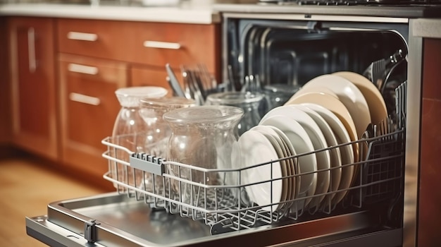 Dishwashing Perfection A Stocked Dishwasher in a Neat Kitchen Setting Generative AI