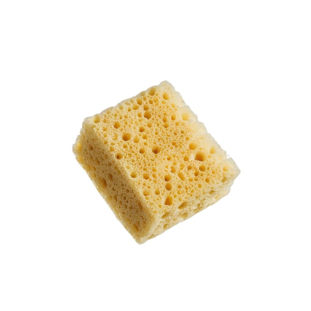 a dishwashing sponge floats on a white background