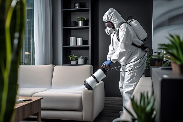 Photo a disinfectant in a protective suit sprays furniture to get rid of bed bugs horizontal photo