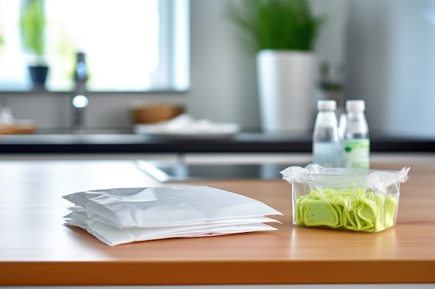 Foto asciugamani disinfettanti su un tavolo di cucina