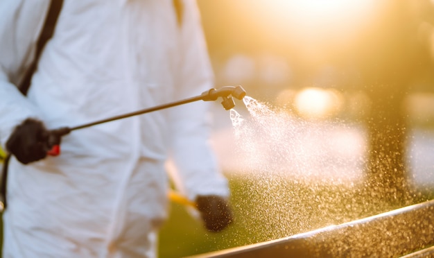 Disinfection of a public place at dawn in the city of quarantine. Infection prevention and control of epidemic. Covid -19.