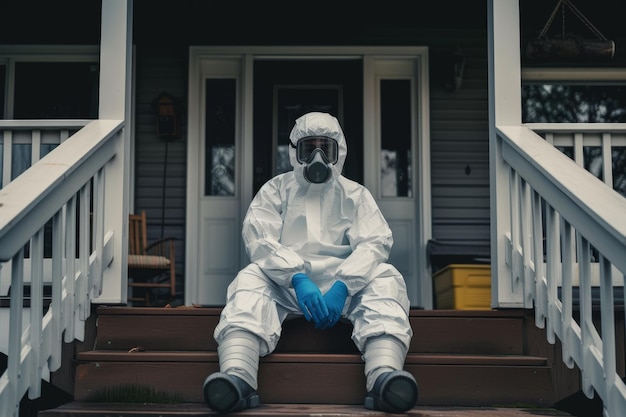 A disinfection service worker in a protective suit and gas mask sits on the porch of the house