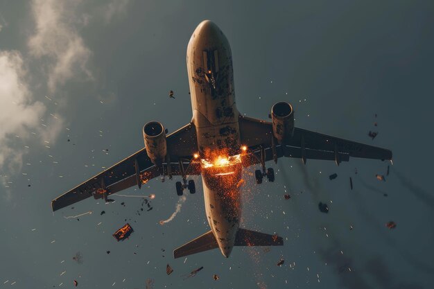 Disintegrating airplane Parts coming off explosions sparks during flight