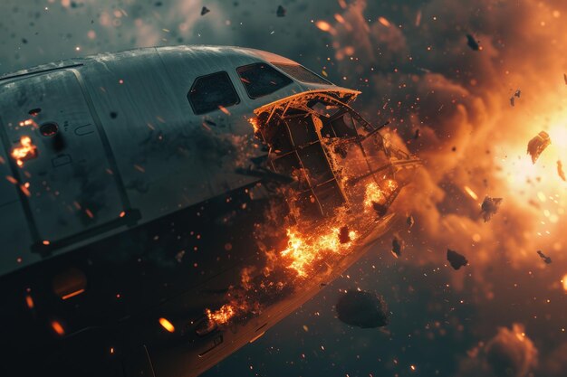 Disintegrating airplane Parts coming off explosions sparks during flight