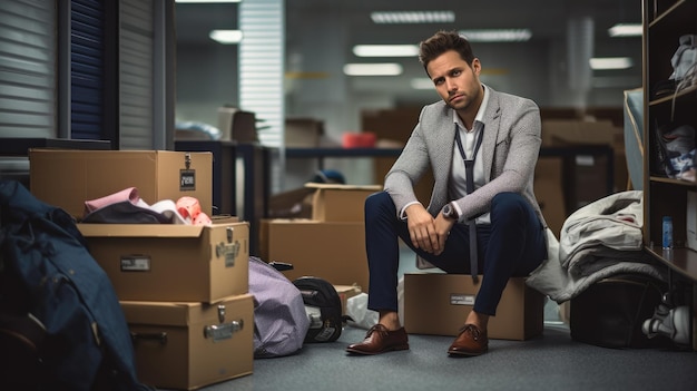 Dismissed man sits among cardboard boxes of his belongings. Depressed man in the process of moving.