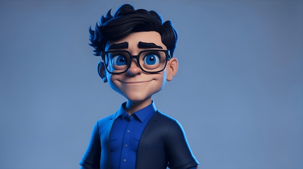 Фото Милый мальчик в стиле disney pixar в синей рубашке и черных брюках с черными очками 25-летний корпоративный