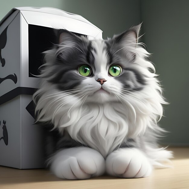 Disney pixar style showing a longhaired gray and white cat with green eyes ai