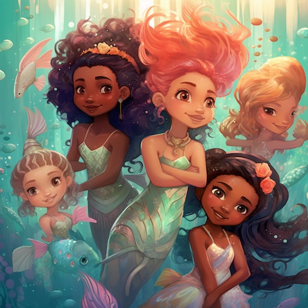 disney princesses are posing for a picture in the water generative ai