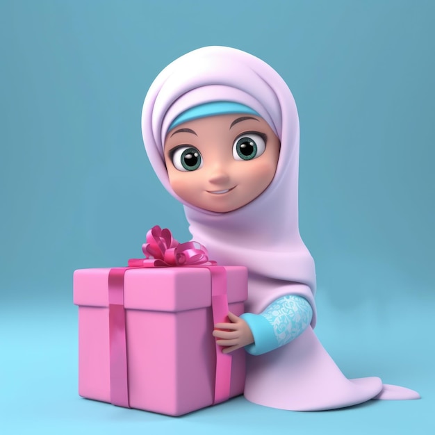 Disney-stijl mooi moslimmeisje karakter dragen hijab met een geschenkdoos Eid Mubarak Concept