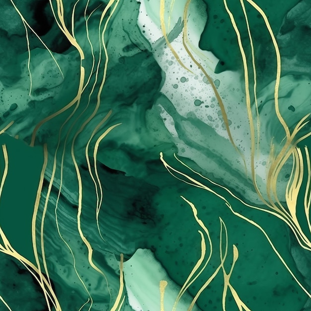 An disorienting and advanced organize with remarkable green watercolor clears out fluid marble surface and a brilliant line Seamless pattern AI Generated