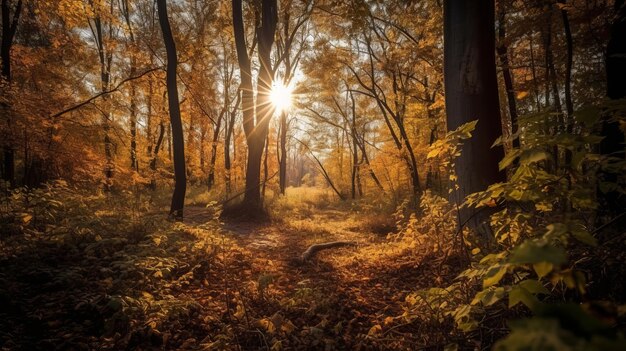 인공지능이 생성한 나뭇가지를 통해 햇빛이 들어오는 누적 시간 삼림 지대의 혼란스러운 장면