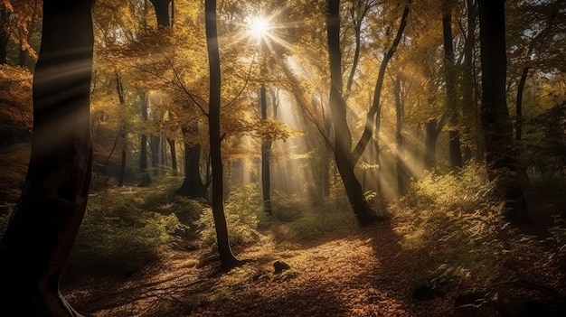 AI が生成した、枝の間から太陽光線が差し込む森林地帯の集合時間の方向感覚を失ったシーン