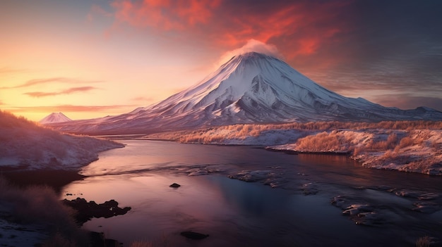 方向感覚を失った夕焼けの山と湖 AI が生成したクリエイティブ リソース