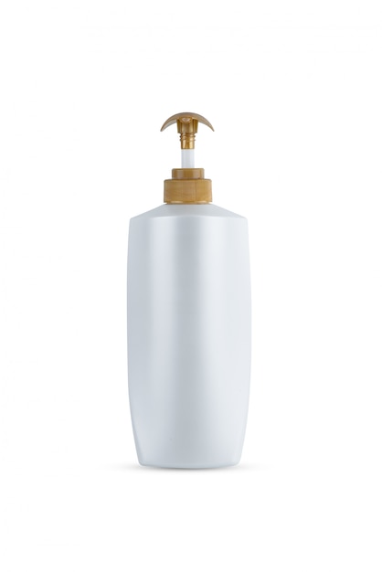 Dispenser hoofdpomp Goudkleurig, witte fles plastic fles cosmetische hygiëne shampoo, conditioner met lichaam hydraterende geïsoleerd