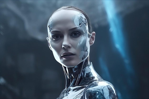 Displacement of man by androids with artificial intelligence portrait of an android robot with a