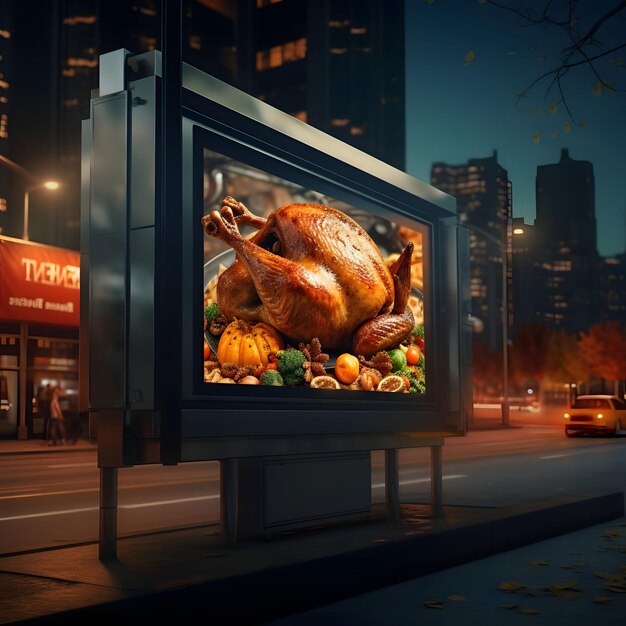 Display ad with a city background showing a roasted turkey with blocks skyscrapers cars streets in t