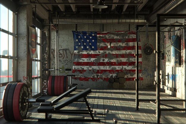 Photo display the american flag on a rooftop weightlifti