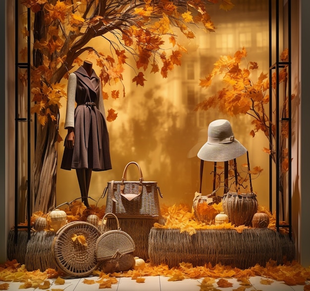 Photo a display of autumn items including a woman and a hat