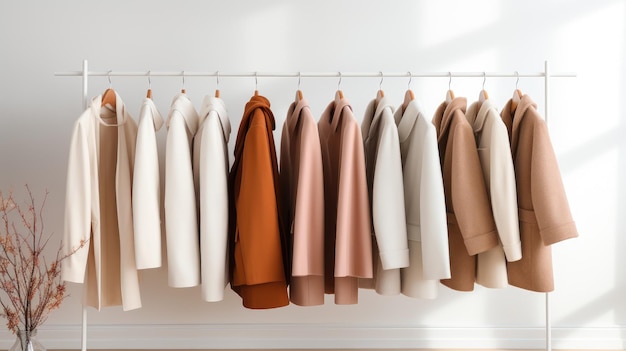 display of autumn outerwear on hangers over a white wall featuring warm jackets and coats in neutral colors