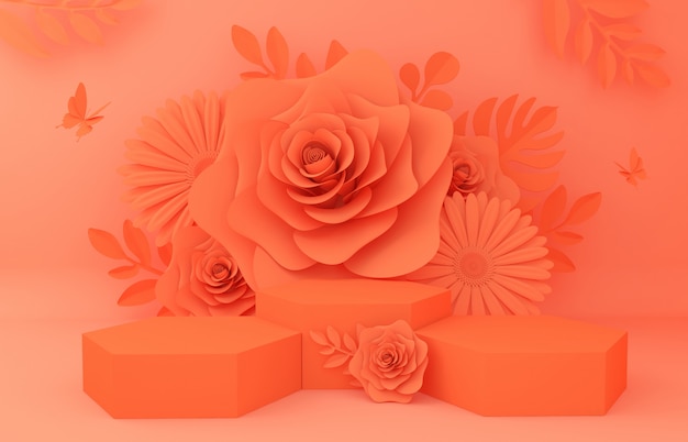 Display background for Cosmetic product presentation. Empty showcase,  3d flower paper illustration rendering.