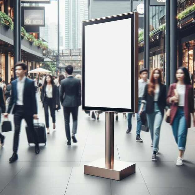 display blank clean screen mockup for offers or advertisement in public area with blured people walking ai generative