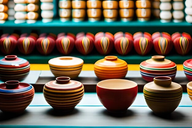 A display of bowls and bowls with one that says pottery.