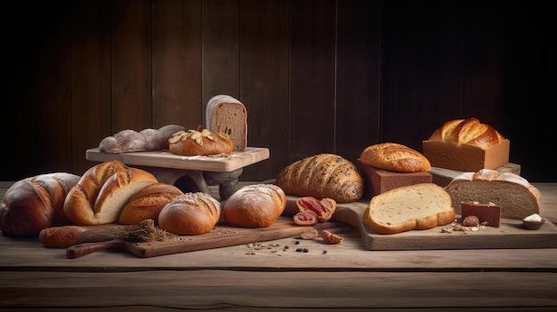A display of breads and breads on a table