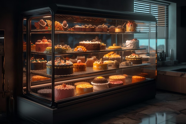 A display of cakes and desserts in a bakery.