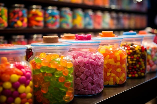 A display of candy in a jar with a blue lid that says candy.