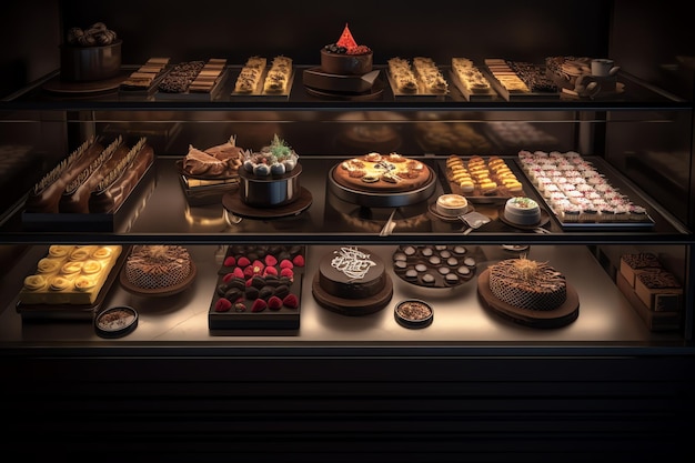 A display case of cakes and desserts including a cake.