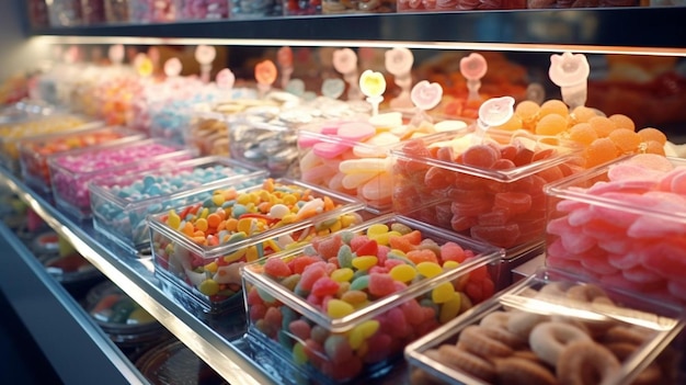 a display case of candy and candy with a display of candy.