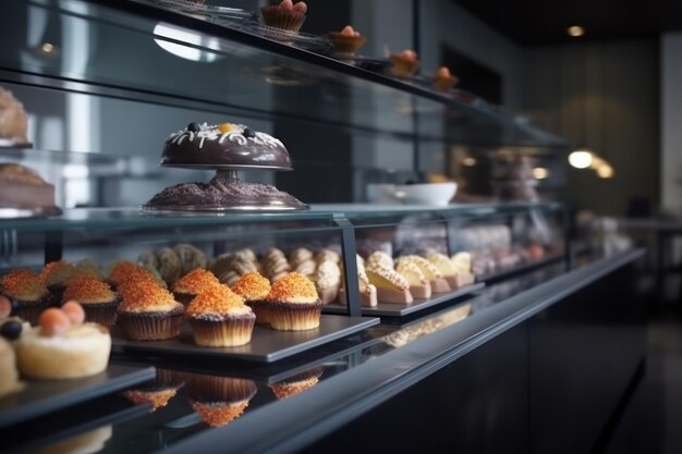 Photo a display case of cupcakes with a chocolate cake on top.