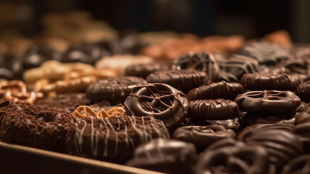 マシュマロやプレッツェルなどのチョコレートを浸した菓子でいっぱいのショーケース