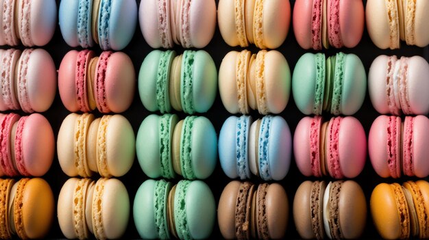 Photo display case filled with colorful macarons arranged in rows and hues of pastel pink blue green