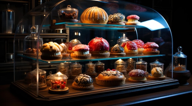 A display case filled with lots of different types of cakes