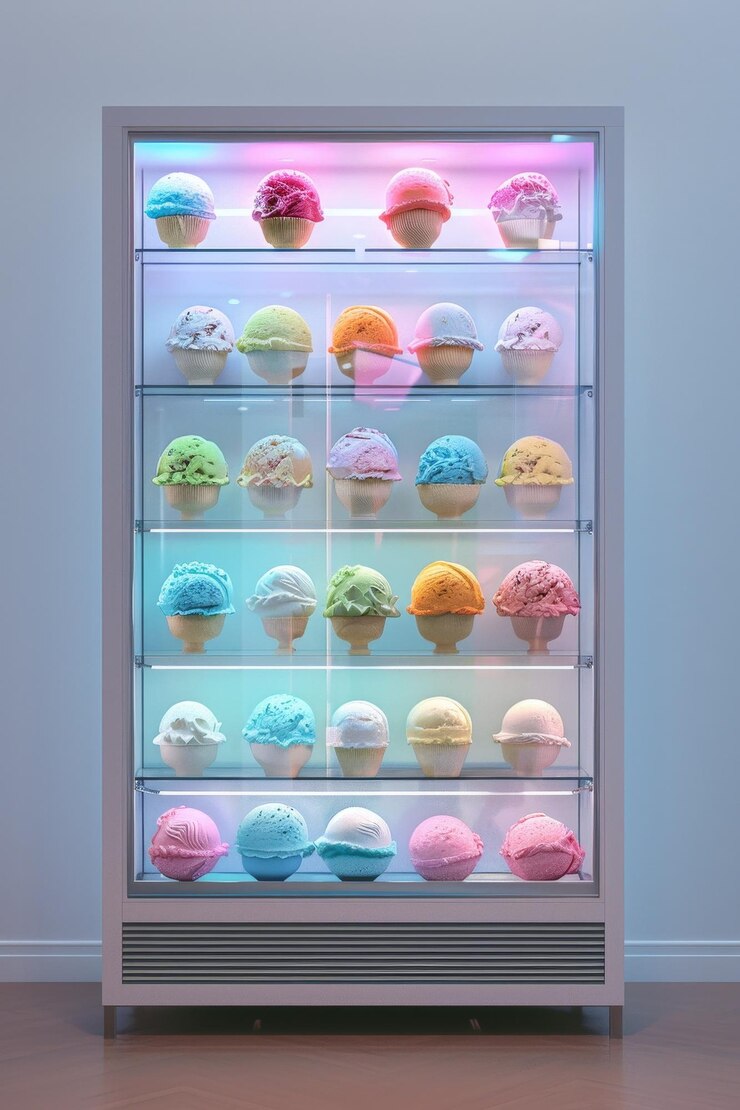 Photo display case with assorted ice cream generative ai