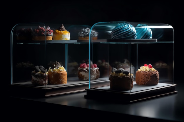 A display case with a cakes