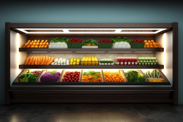 A display case with different fruits and vegetables in it.