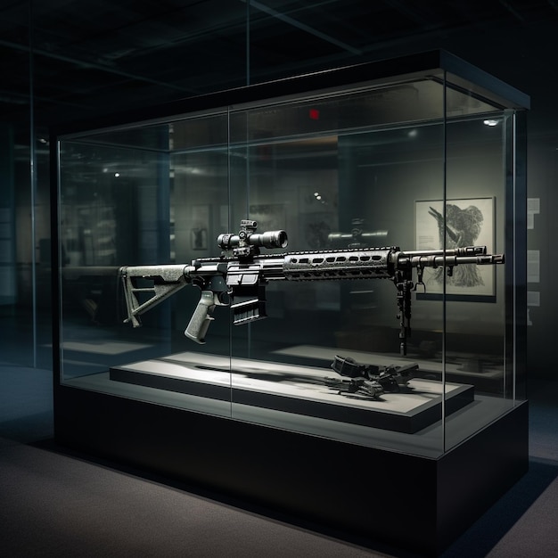 a display case with a gun on it