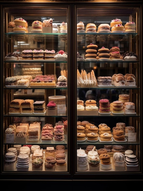 a display case with many pastries and pastries.