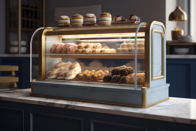 A display case with a variety of pastries on it.