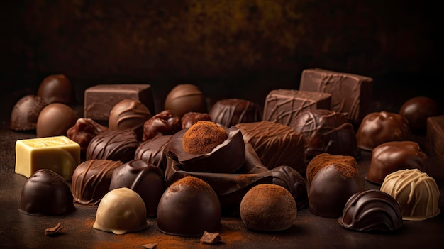 Photo a display of chocolates and chocolates on a dark background