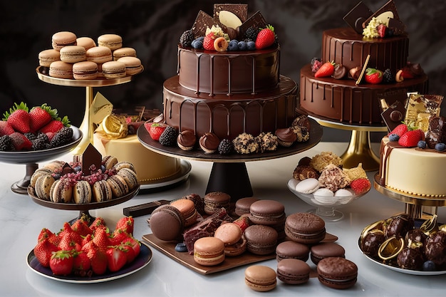 A display of chocolates and pastries including a chocolate cake.