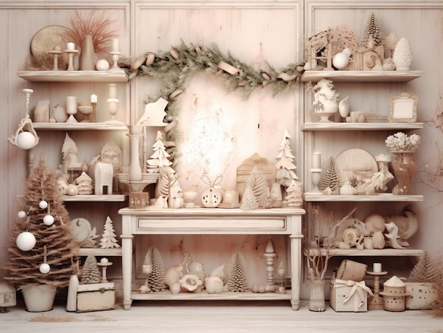 Выставка рождественских украшений, включая елку, снеговика и домик.